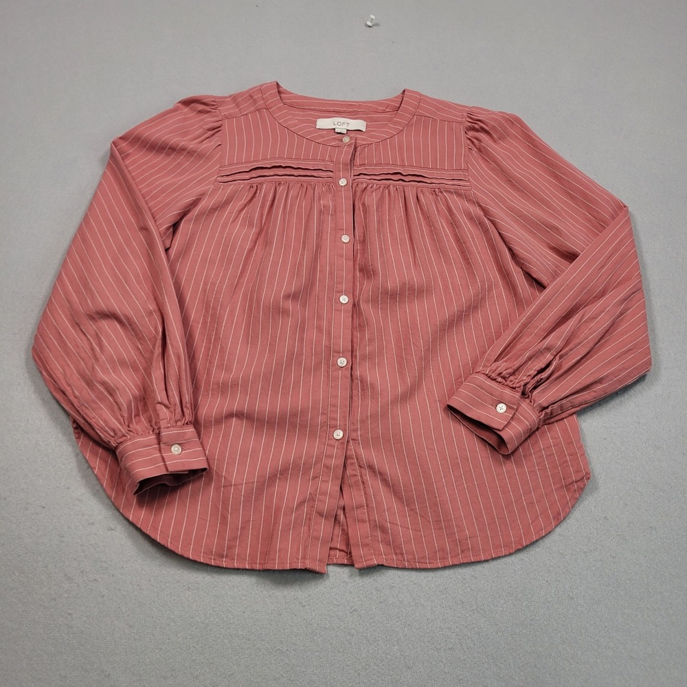 LOFT Womens Small Pink White Striped Button Down Pintuck Long Sleeve Blouse